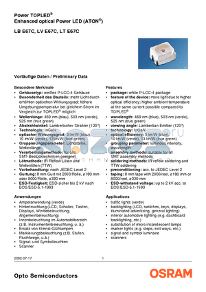 LBE67C datasheet - Power TOPLED^ Enhanced optical Power LED (ATON^)