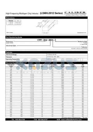 LSMH-2012-3N3S-B datasheet - High Frequency Multilayer Chip Inductor