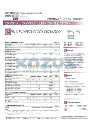 EE14-511-125.00M datasheet - 14 PIN 3.3V LVPECL CLOCK OSCILLATOR