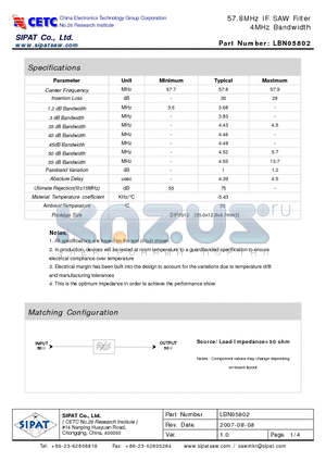LBN05802 datasheet - 57.8MHz IF SAW Filter 4MHz Bandwidth