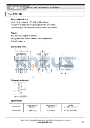 EE1621MS datasheet - General Power Transformer< Pin Type:EE Series>