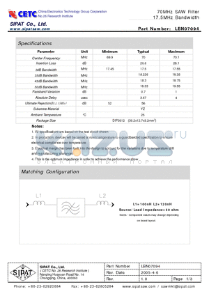 LBN07094 datasheet - 70MHz SAW Filter 17.5MHz Bandwidth