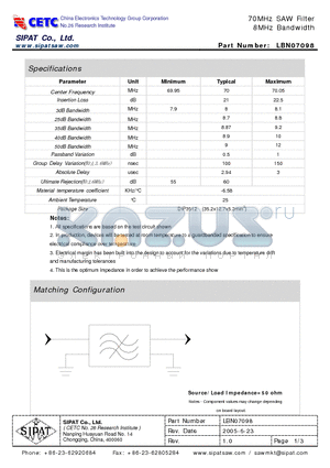 LBN07098 datasheet - 70MHz SAW Filter 8MHz Bandwidth