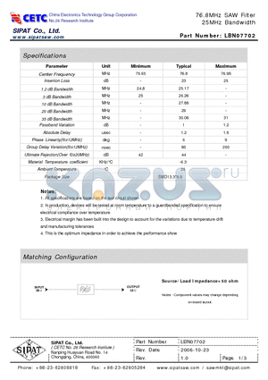 LBN07702 datasheet - 76.8MHz SAW Filter 25MHz Bandwidth