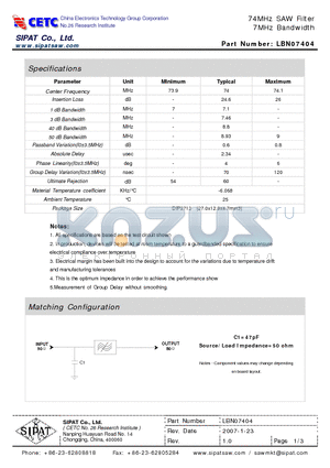 LBN07404 datasheet - 74MHz SAW Filter 7MHz Bandwidth