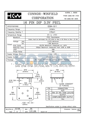 EE64-511 datasheet - 16 PIN DIP 3.3V PECL