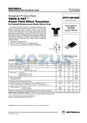 MTY14N100E datasheet - TMOS POWER FET 14 AMPERES 1000 VOLTS RDS(on) = 0.80 OHM