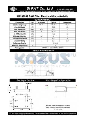 LBN08502 datasheet - SAW Filter Electrical Characteristic