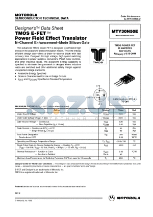 MTY30N50E datasheet - TMOS POWER FET 30 AMPERES 500 VOLTS RDS(on) = 0.15 OHM