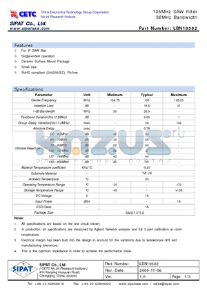 LBN10502 datasheet - 105MHz SAW Filter 36MHz Bandwidth