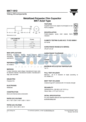 MKT1813-422-014-R datasheet - Metallized Polyester Film Capacitor MKT Axial Type