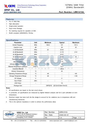 LBN10706 datasheet - 107MHz SAW Filter 20MHz Bandwidth