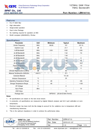 LBN10710 datasheet - 107MHz SAW Filter 7MHz Bandwidth