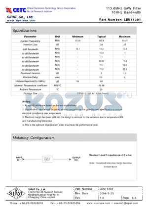 LBN11301 datasheet - 113.6MHz SAW Filter 10MHz Bandwidth
