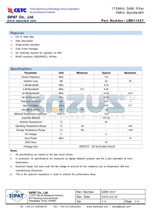 LBN11557 datasheet - 115MHz SAW Filter 9MHz Bandwidth