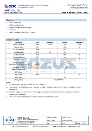 LBN11569 datasheet - 115MHz SAW Filter 10MHz Bandwidth