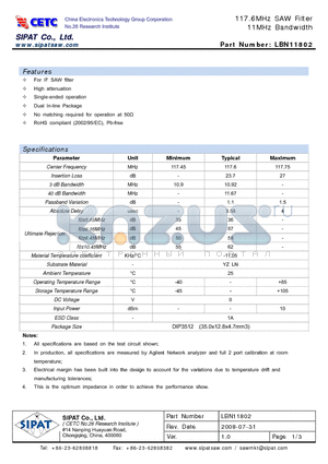 LBN11802 datasheet - 117.6MHz SAW Filter 11MHz Bandwidth