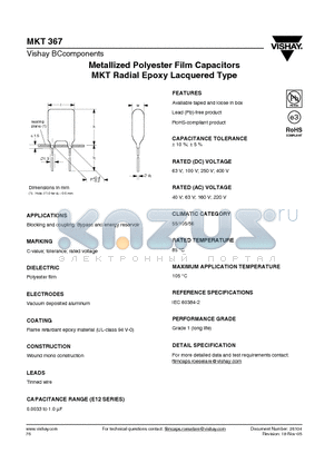MKT367 datasheet - Metallized Polyester Film Capacitors MKT Radial Epoxy Lacquered Type