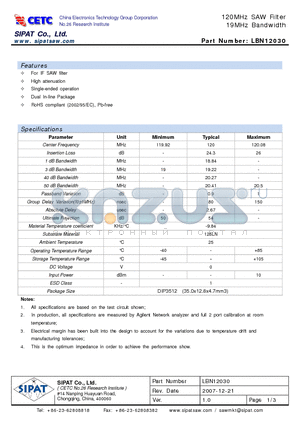 LBN12030 datasheet - 120MHz SAW Filter 19MHz Bandwidth