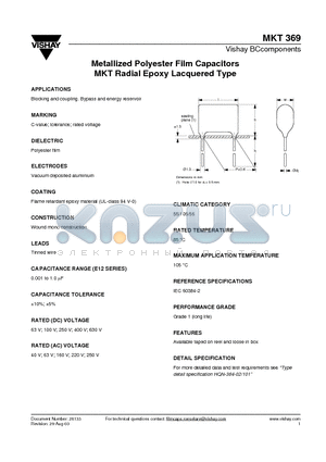 MKT369 datasheet - Metallized Polyester Film Capacitors MKT Radial Epoxy Lacquered Type