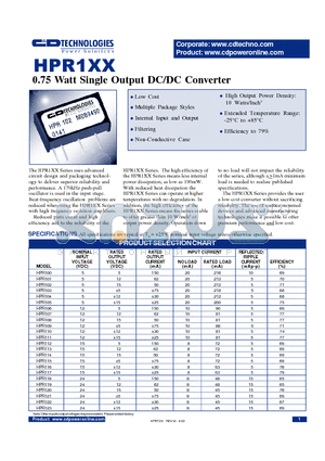 HPR101 datasheet - 0.75 Watt Single Output DC/DC Converter