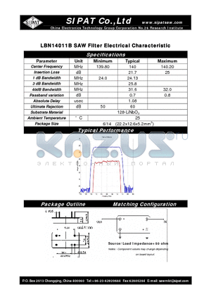LBN14011B datasheet - SAW Filter Electrical Characteristic