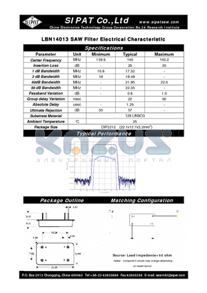 LBN14013 datasheet - SAW Filter Electrical Characteristic