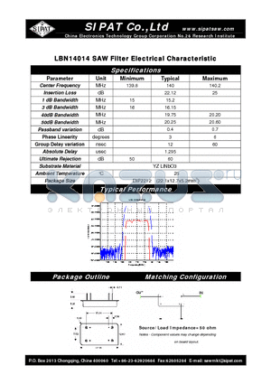 LBN14014 datasheet - SAW Filter Electrical Characteristic