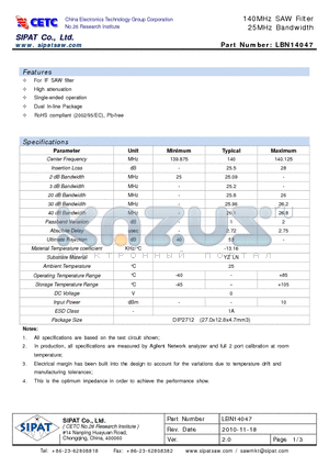 LBN14047_10 datasheet - 140MHz SAW Filter 25MHz Bandwidth