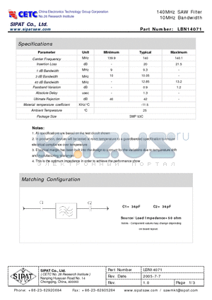 LBN14071 datasheet - 140MHz SAW Filter 10MHz Bandwidth