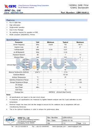 LBN140A12 datasheet - 140MHz SAW Filter 12MHz Bandwidth