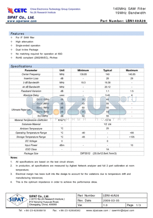 LBN140A28 datasheet - 140MHz SAW Filter 19MHz Bandwidth