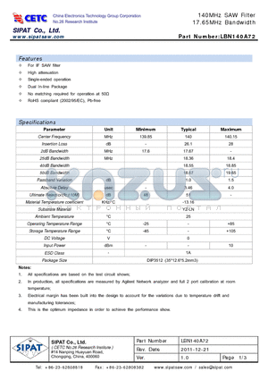 LBN140A72 datasheet - 140MHz SAW Filter 17.65MHz Bandwidth