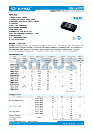 MKW10-12D15M datasheet - DC/DC CONVERTER 10W, Reinforced Insulation, Medical Safety