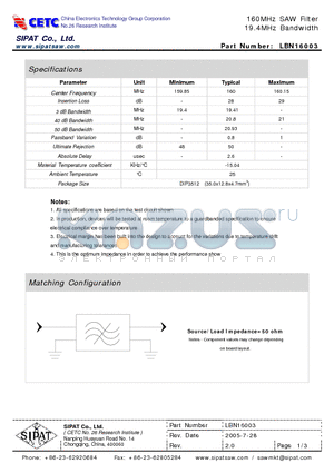 LBN16003C datasheet - 160MHz SAW Filter 19.4MHz Bandwidth