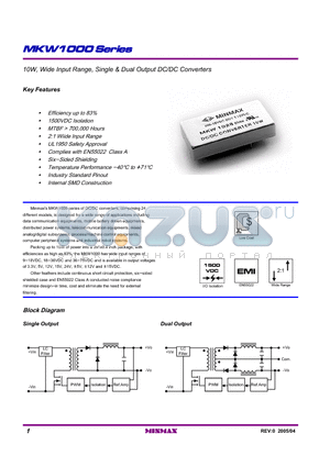 MKW1000 datasheet - 10W, Wide Input Range, Single & Dual Output DC/DC Converters