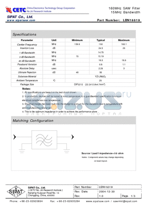 LBN16019 datasheet - 160MHz SAW Filter 15MHz Bandwidth