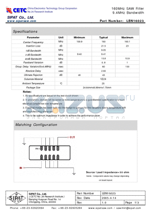 LBN16023 datasheet - 160MHz SAW Filter 9.4MHz Bandwidth