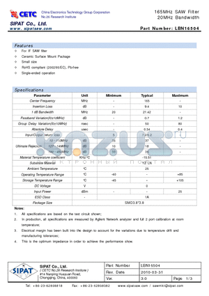 LBN16504_10 datasheet - 165MHz SAW Filter 20MHz Bandwidth