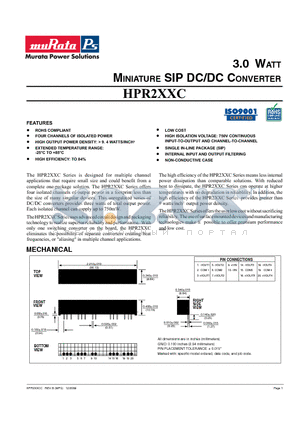 HPR205C datasheet - 3.0 WATT MINIATURE SIP DC/DC CONVERTER