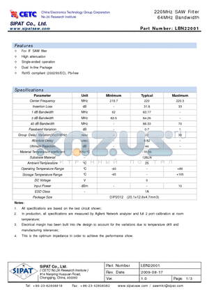 LBN22001 datasheet - 220MHz SAW Filter 64MHz Bandwidth