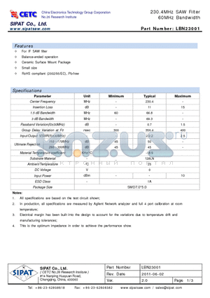 LBN23001 datasheet - 230.4MHz SAW Filter 60MHz Bandwidth