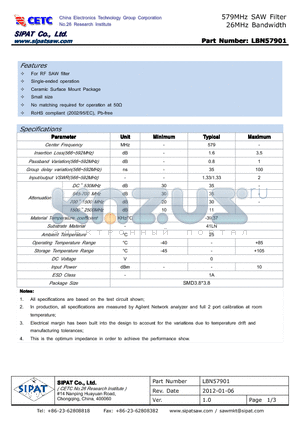 LBN57901 datasheet - 579MHz SAW Filter 26MHz Bandwidth