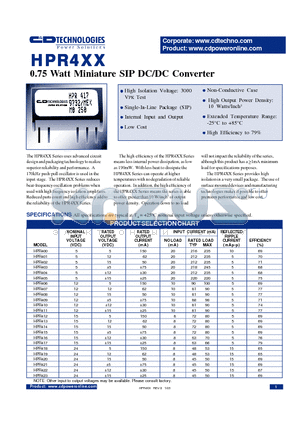 HPR403 datasheet - 0.75 Watt Miniature SIP  DC/DC Converter