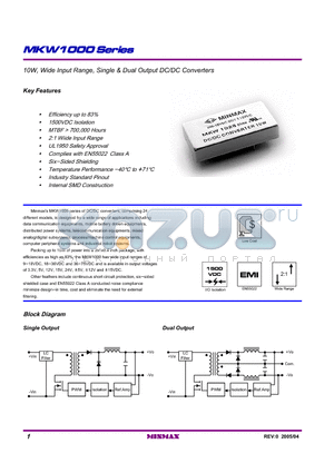 MKW1041 datasheet - 10W, Wide Input Range, Single & Dual Output DC/DC Converters