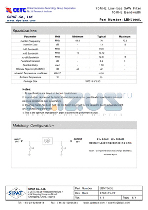LBN7005L datasheet - 70MHz Low-loss SAW Filter 10MHz Bandwidth
