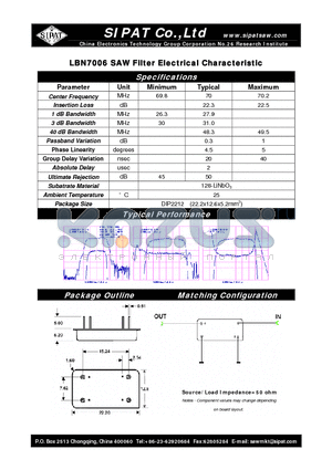 LBN7006 datasheet - SAW Filter Electrical Characteristic