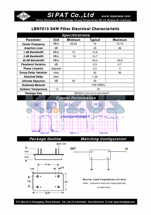LBN7013 datasheet - SAW Filter Electrical Characteristic