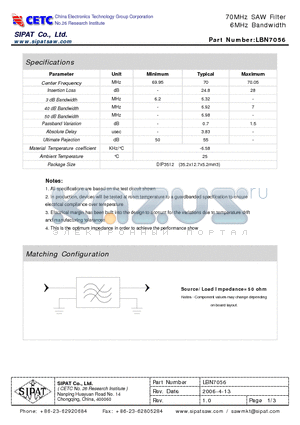 LBN7056 datasheet - 70MHz SAW Filter 6MHz Bandwidth