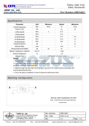LBN70A07 datasheet - 70MHz SAW Filter 6MHz Bandwidth
